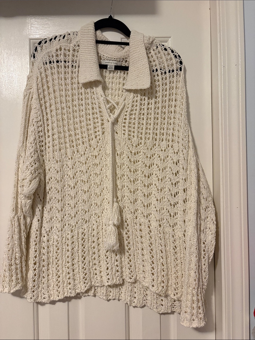 American Eagle Outfitters Cream Open-Knit V-Neck Sweater with Tassel Tie